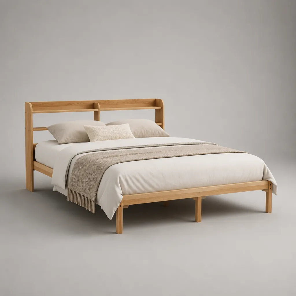 Letto matrimoniale in pino massello con testiera a ripiani, marrone chiaro naturale, 160 × 200 cm
