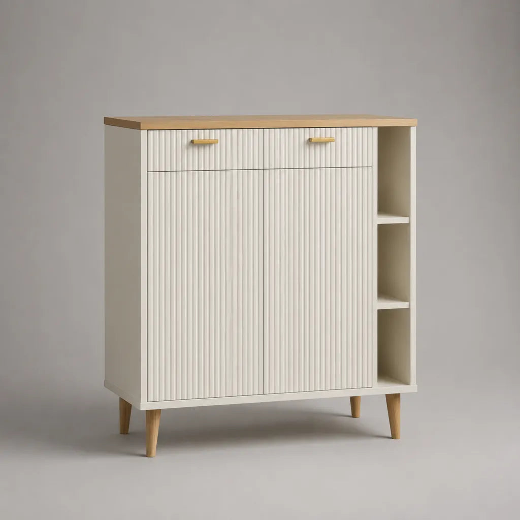 Credenza bianca e rovere con 2 ante, 2 cassetti e 3 vani in MDF e truciolare, 100 × 40 × 110 cm
