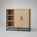 Credenza rettangolare con 2 ante e 3 vani in pannello truciolare effetto rovere e acciaio nero, 120 × 40 × 100 cm