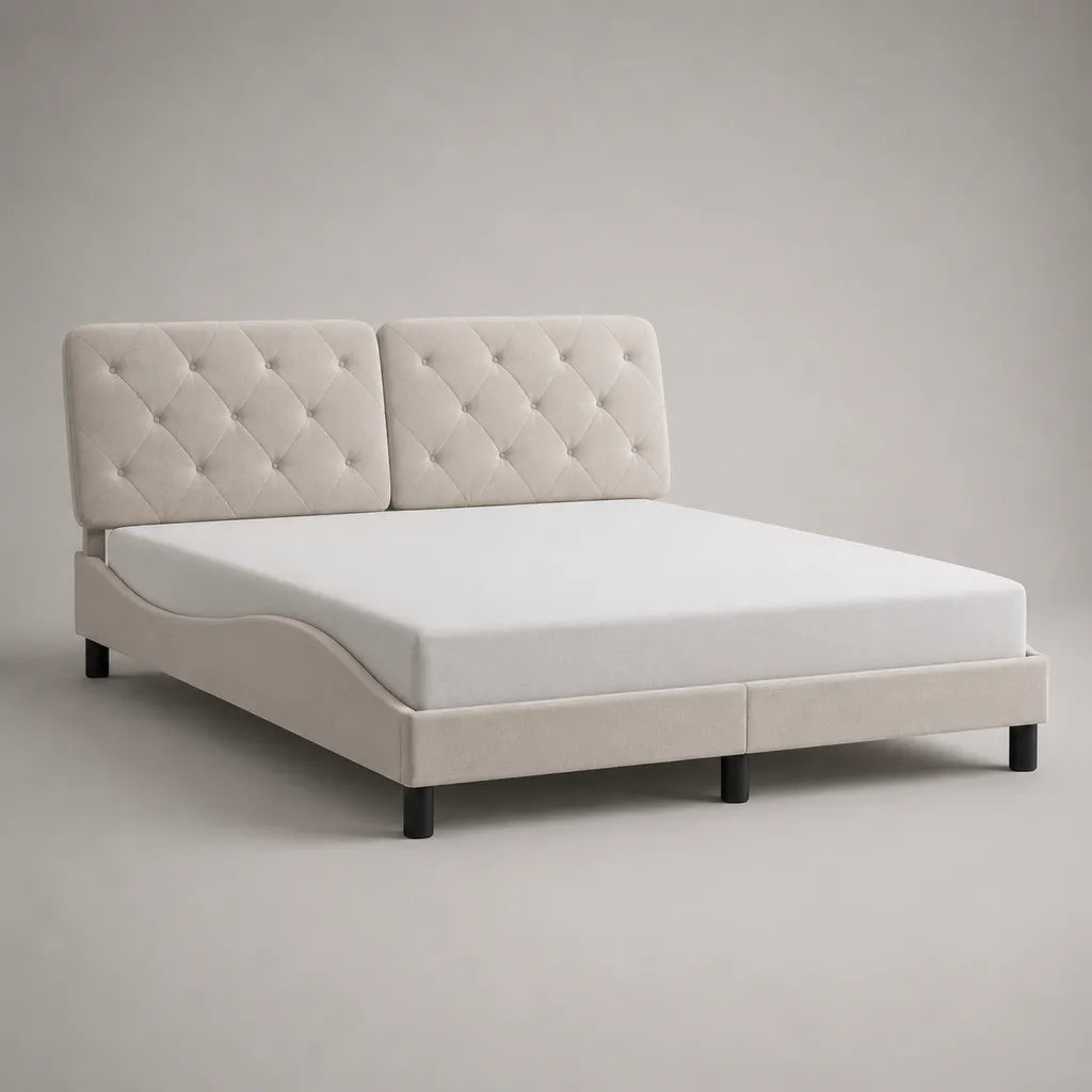 Letto matrimoniale imbottito in velluto beige con testiera capitonné, superficie 160 × 200 cm, dimensioni 169 × 209 × 104 cm