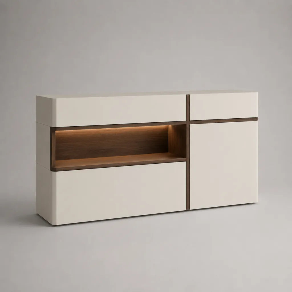 Credenza rettangolare in legno bianco opaco e noce con illuminazione LED, 160 x 40 x 80 cm