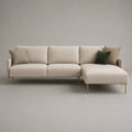 Divano angolare 3 posti in tessuto beige con gambe in metallo color oro e penisola destra, 260 x 150 x 85 cm