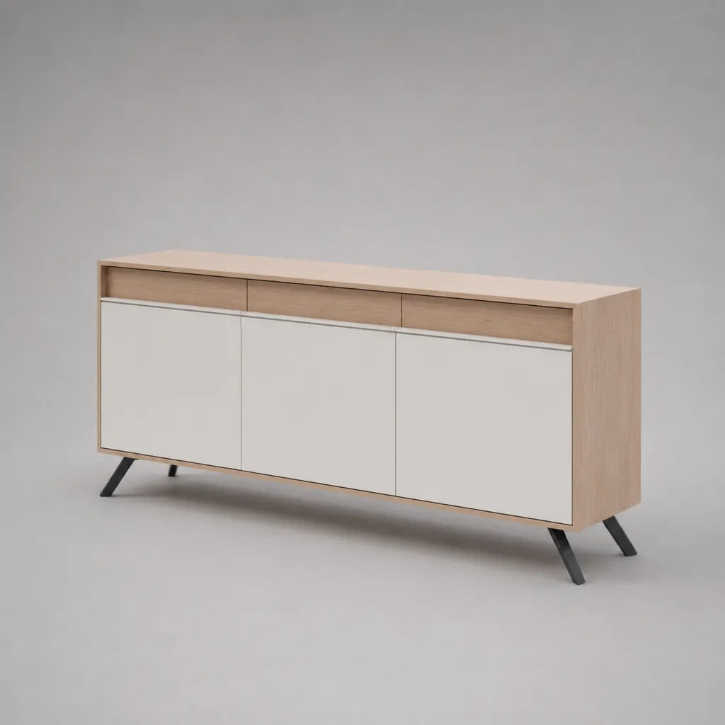 Credenza rettangolare in truciolare melaminico e MDF con 3 ante e 3 cassetti, rovere chiaro, bianco e nero, 160 x 40 x 80 cm