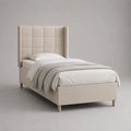 Letto singolo imbottito beige con testiera alta a riquadri, rivestimento in poliestere e rete a doghe, 105 × 215 × 145 cm, per materasso 90 × 200 cm