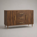 Credenza rettangolare in MDF impiallacciato noce marrone e oro con 2 ante e 3 cassetti, 140 × 40 × 85 cm