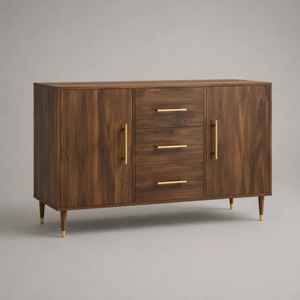 Credenza rettangolare in MDF impiallacciato noce marrone e oro con 2 ante e 3 cassetti, 140 × 40 × 85 cm
