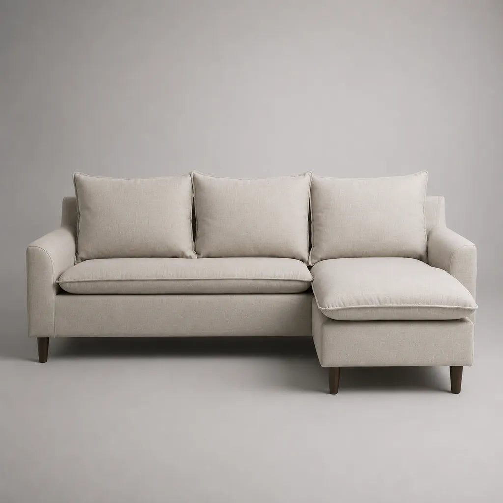 Divano angolare 3 posti con chaise longue destra, rivestimento in tessuto beige chiaro, 224 x 148 x 88 cm