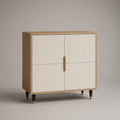 Credenza alta rettangolare in MDF impiallacciato rovere con 2 ante scanalate avorio e gambe nere, 100 × 40 × 110 cm