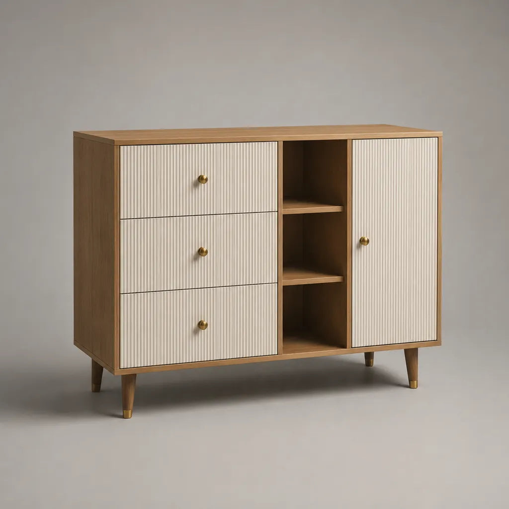 Credenza rettangolare in legno rovere naturale e bianco con 3 cassetti, 1 anta e 3 vani aperti, 120 × 40 × 85 cm