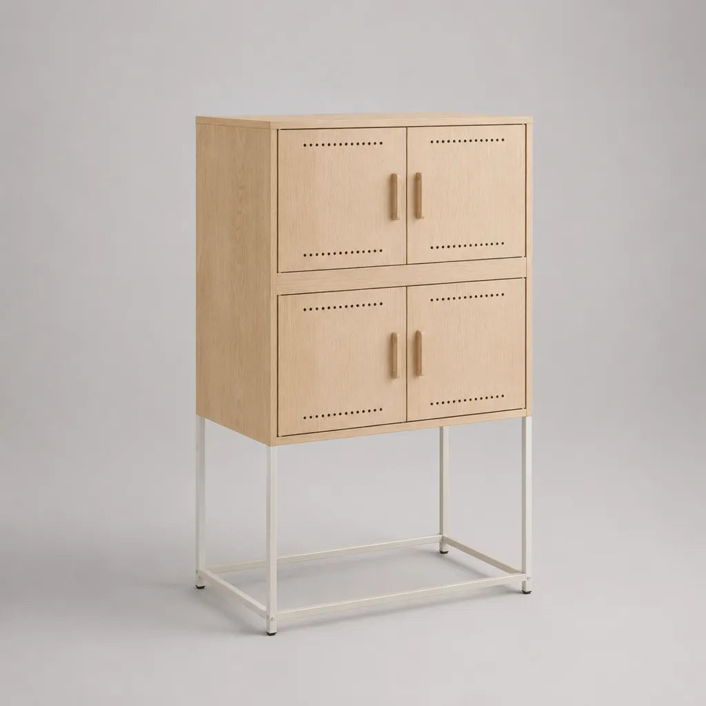 Credenza alta da interno a 4 ante in legno e acciaio, rovere chiaro e bianco, 80 × 40 × 125 cm