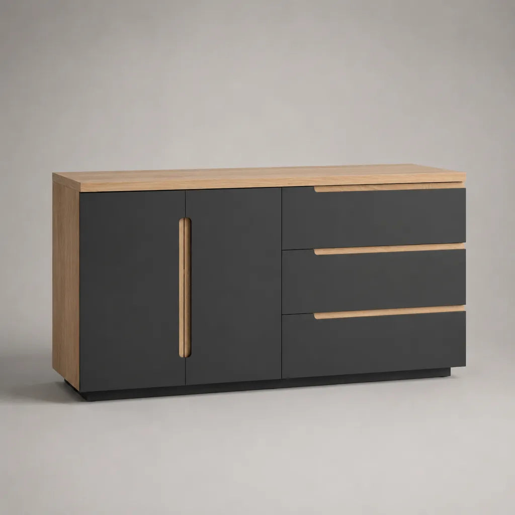Credenza rettangolare in MDF e pannello truciolare con 2 ante e 3 cassetti, antracite e rovere naturale, 120 × 40 × 75 cm