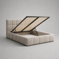 Letto matrimoniale contenitore 160 × 200 cm in tessuto bouclé beige con testiera imbottita e rete a doghe
