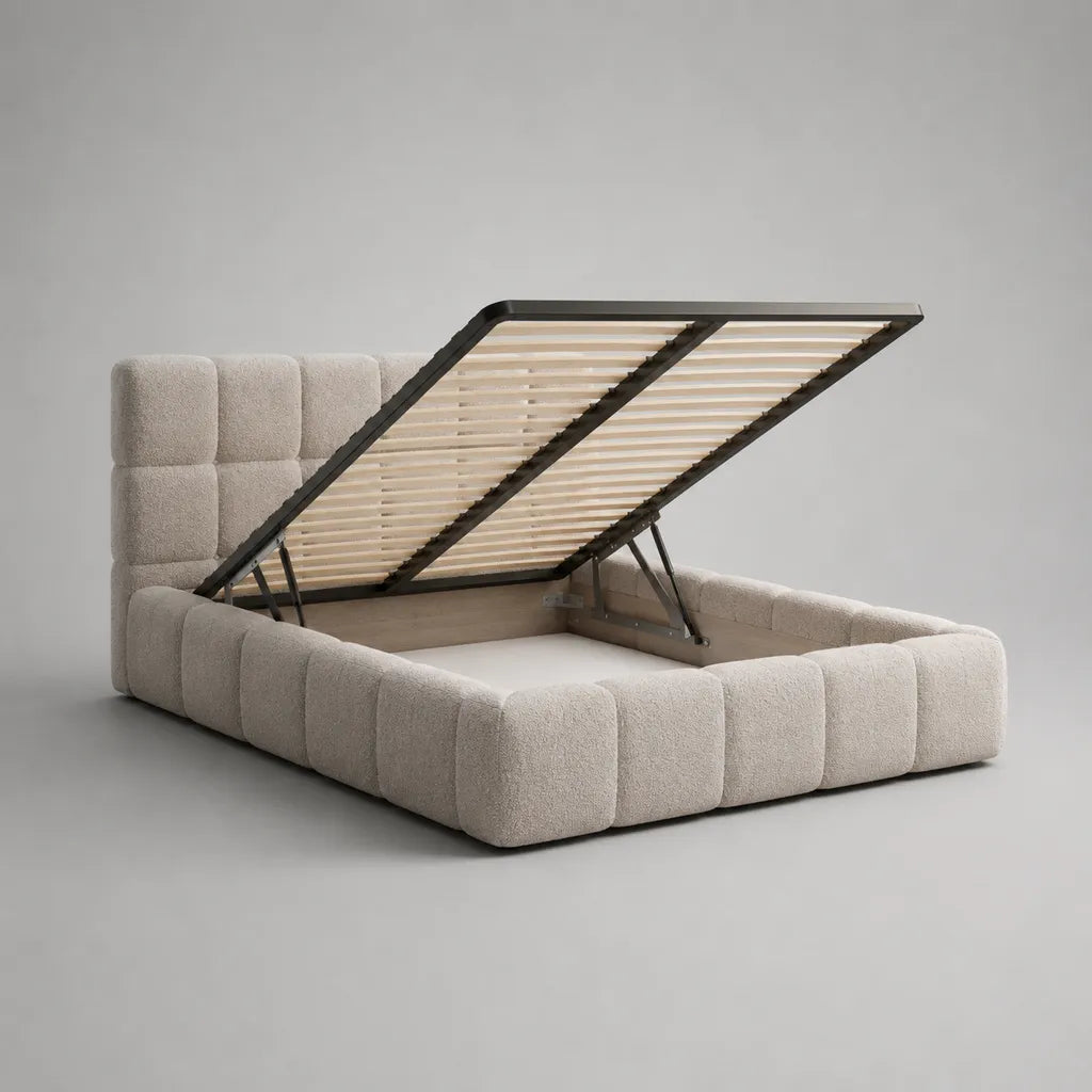 Letto matrimoniale contenitore 160 × 200 cm in tessuto bouclé beige con testiera imbottita e rete a doghe