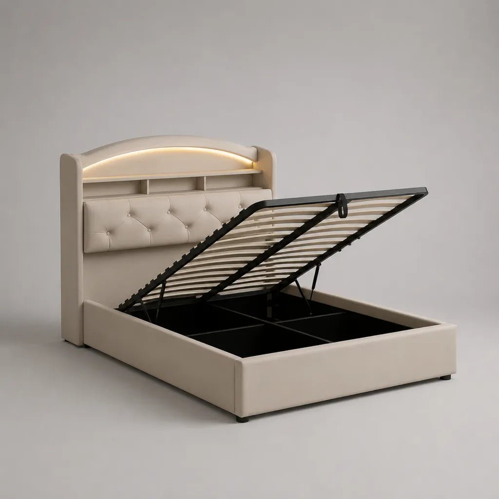 Letto contenitore matrimoniale 160 × 200 cm in pelle sintetica avorio con rete a doghe, testiera con vani e illuminazione LED
