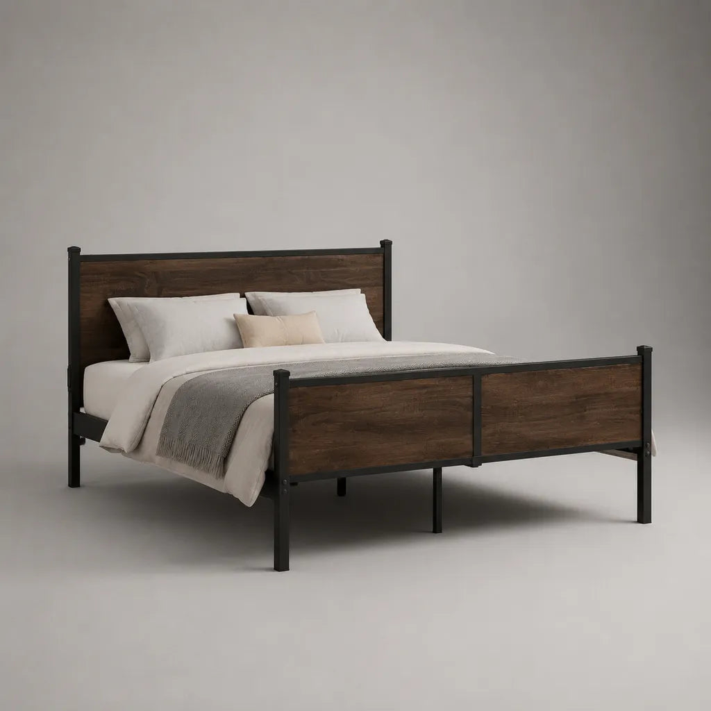 Letto matrimoniale 160 x 200 cm in acciaio e legno, marrone noce e nero, 208 x 168 x 110 cm