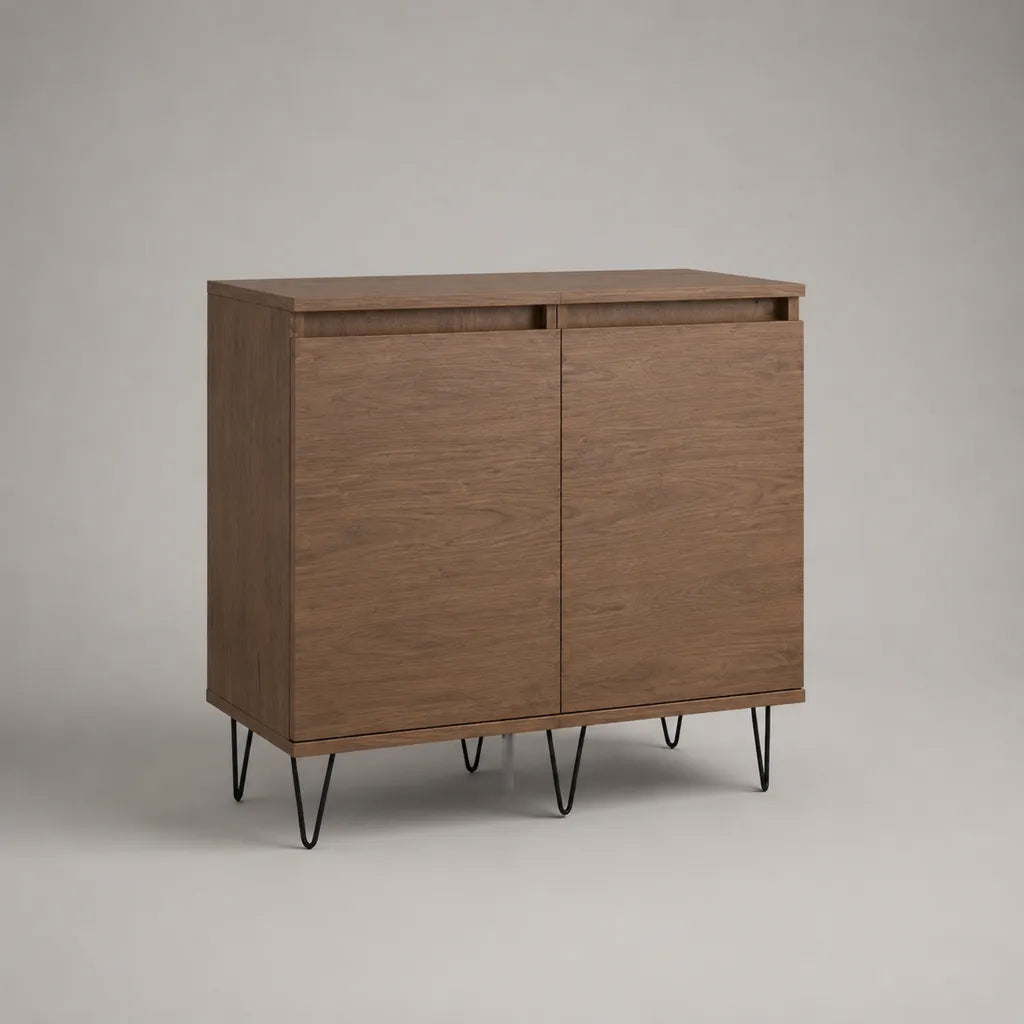 Credenza a 2 ante in MDF impiallacciato rovere con gambe in acciaio, marrone rovere e nero, 80 × 40 × 90 cm