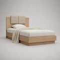 Letto singolo 90 x 200 cm in legno effetto rovere naturale con testiera imbottita beige