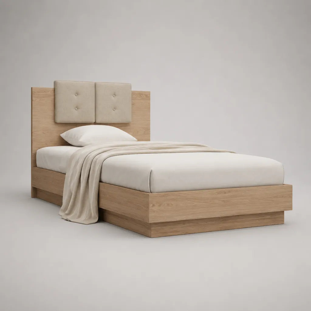 Letto singolo 90 x 200 cm in legno effetto rovere naturale con testiera imbottita beige