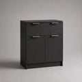Credenza rettangolare in pannello truciolare melaminico nero e ottone con 1 cassetto e 2 ante, 80 × 35 × 90 cm