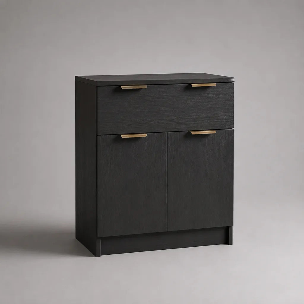 Credenza rettangolare in pannello truciolare melaminico nero e ottone con 1 cassetto e 2 ante, 80 × 35 × 90 cm