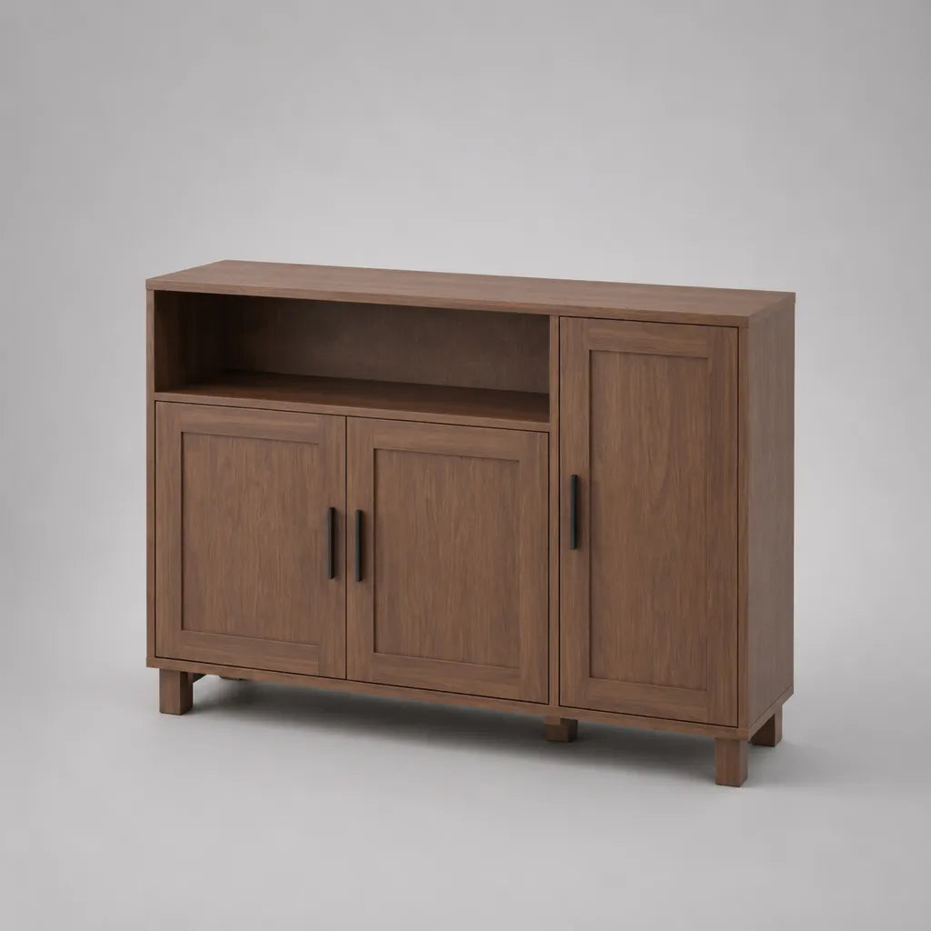 Credenza contenitore rettangolare a 3 ante in MDF impiallacciato e legno massello, marrone noce, 120 x 35 x 90 cm