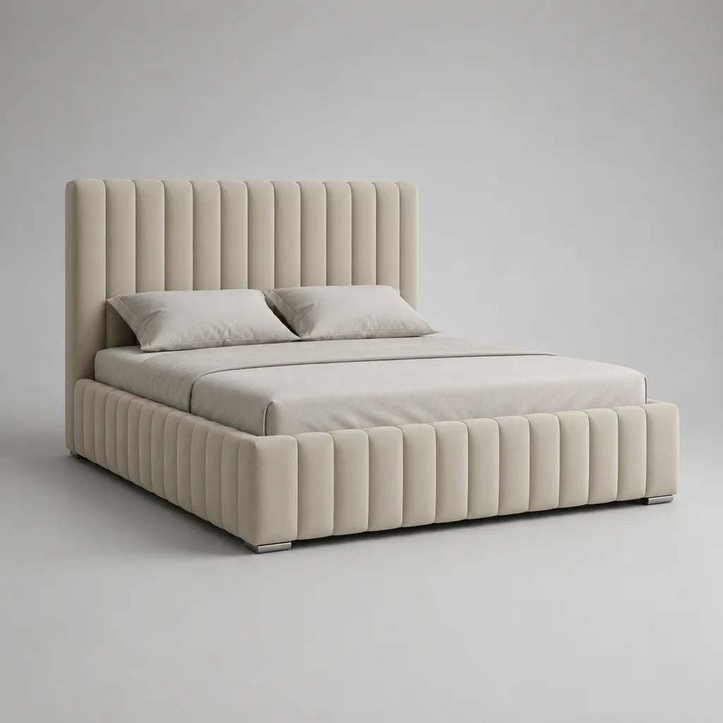 Letto contenitore matrimoniale rettangolare imbottito in poliestere beige chiaro, 180 x 220 x 125 cm, per materasso 160 x 200 cm