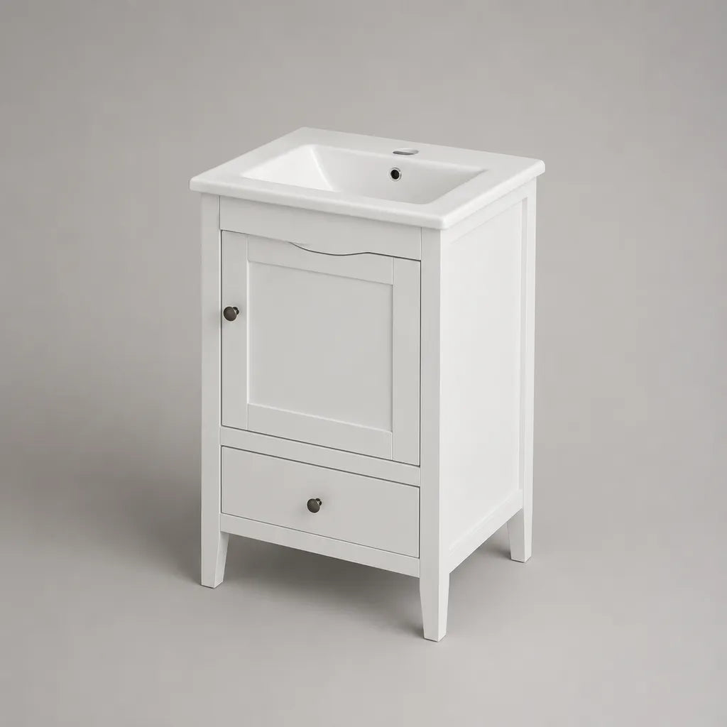 Mobile bagno da pavimento in MDF bianco con lavabo rettangolare in ceramica, anta e cassetto, 60 x 46 x 85 cm