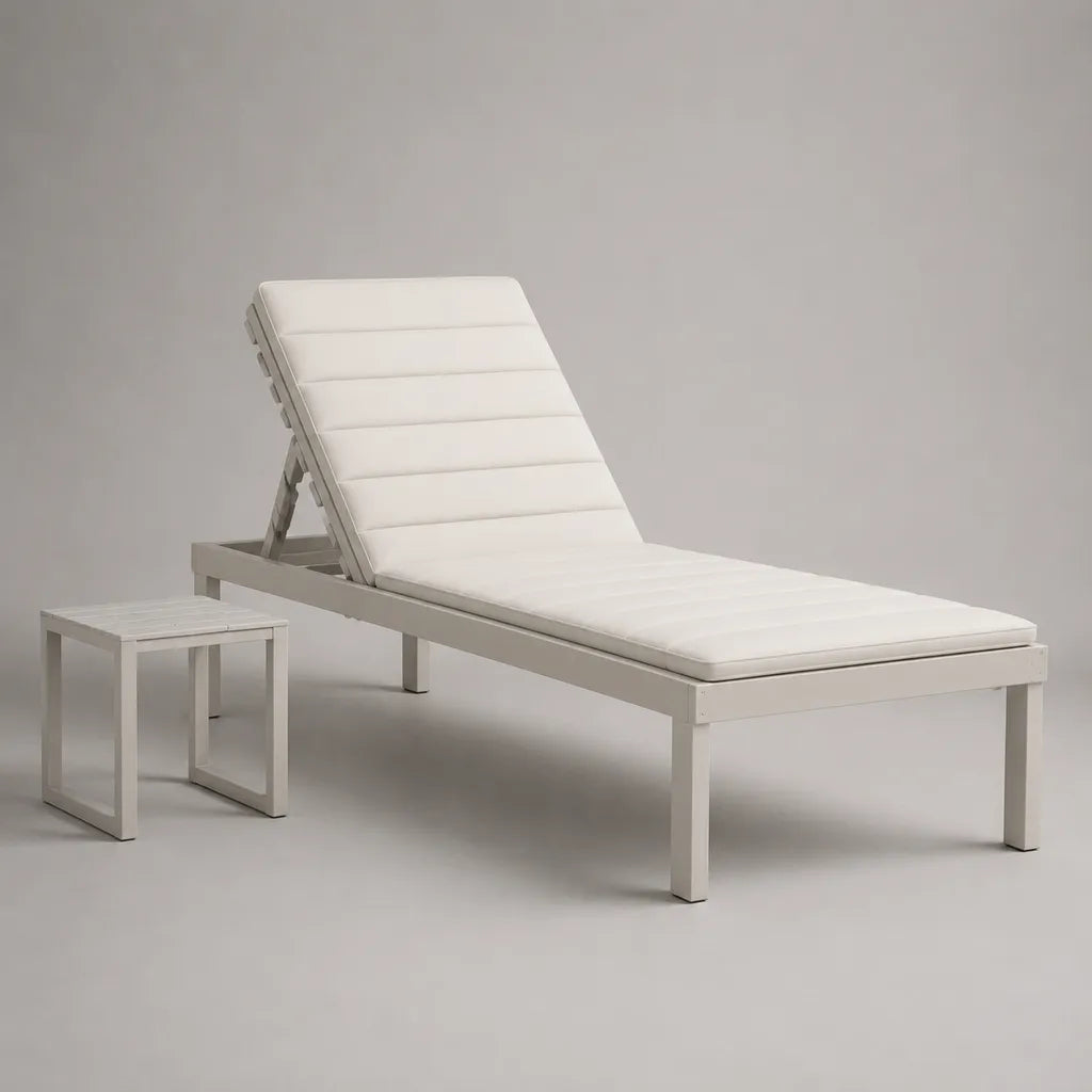 Completo da esterno con lettino prendisole regolabile e tavolino in alluminio e tessuto bianco, lettino 200 x 70 x 35 cm, tavolino 40 x 40 x 40 cm