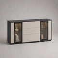 Credenza buffet rettangolare in legno e vetro con 4 ante e 3 cassetti, antracite e beige, 200 x 42 x 85 cm