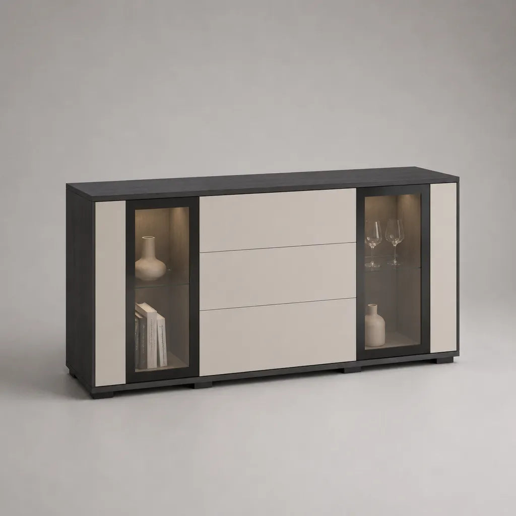 Credenza buffet rettangolare in legno e vetro con 4 ante e 3 cassetti, antracite e beige, 200 x 42 x 85 cm